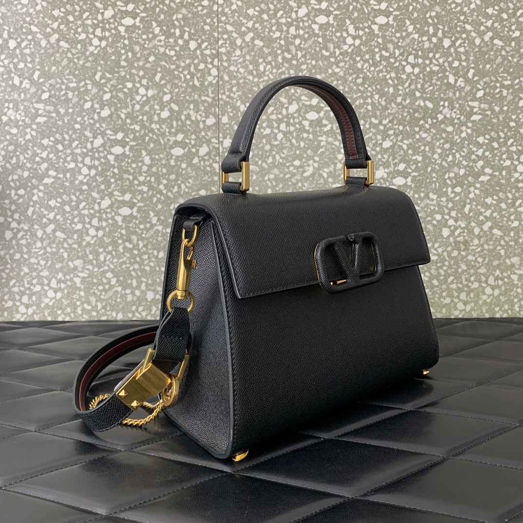 Valentino Garavani Vsling Medium Handbag in Black Grainy Calfskin 